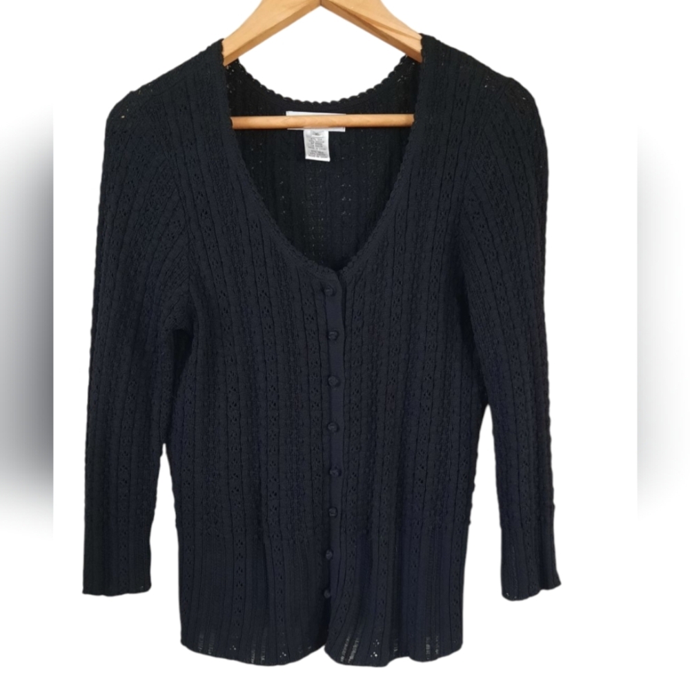 Nine West Silk Crochet Cardigan Button Front